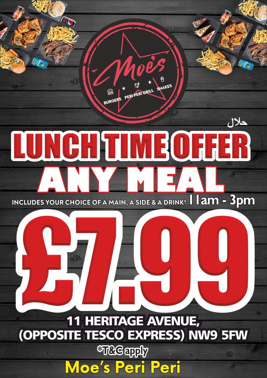Moe's lunch time offer poster: any meal, 11am to 3pm